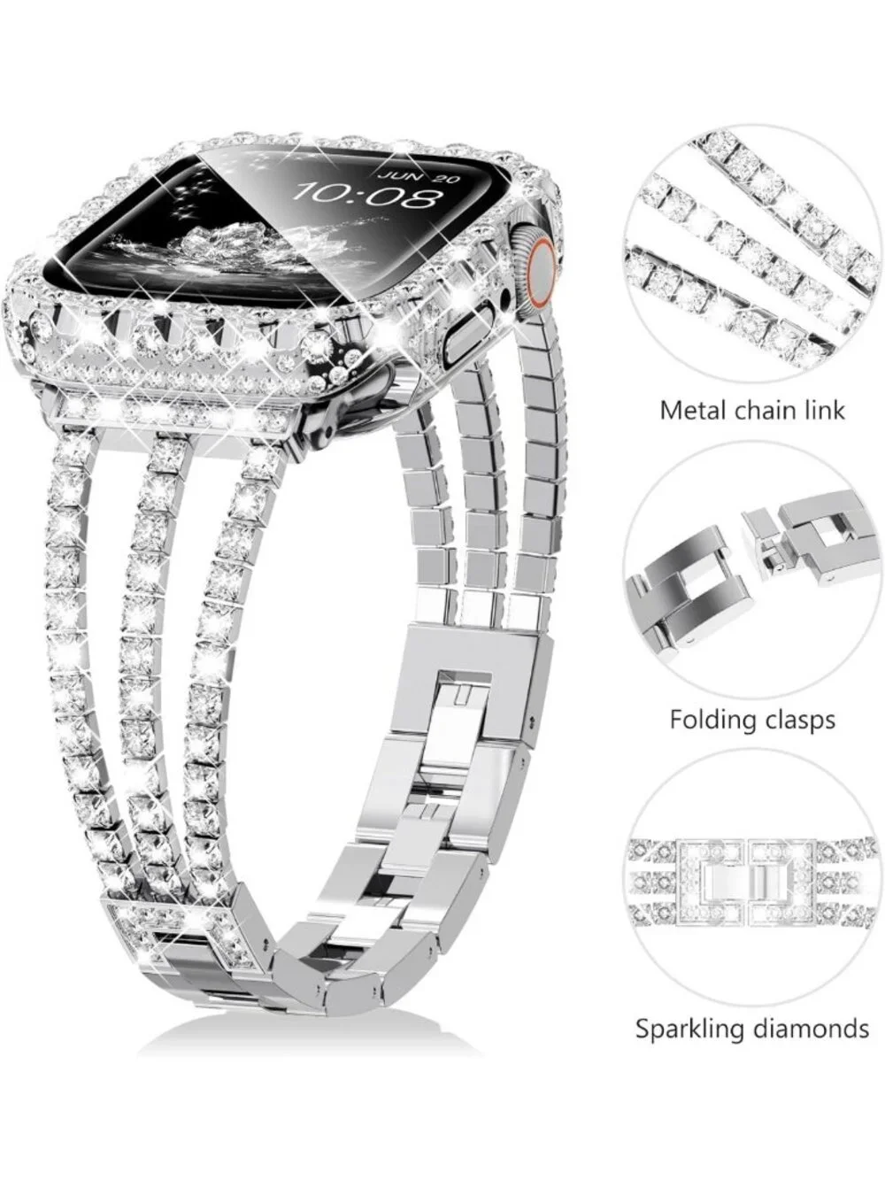 Stylish 40mm Apple Watch Band for Women, Bling Rhinestone Bracelet & Waterproof